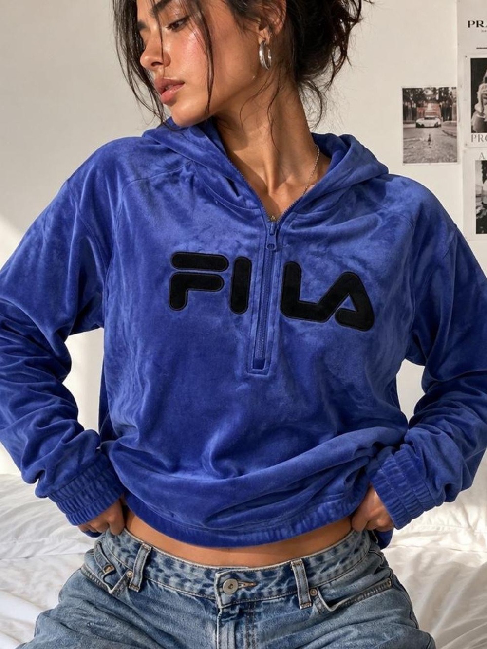 Fila Royal Blue Velour Half-Zip Hoodie with Black Logo S NWOT
